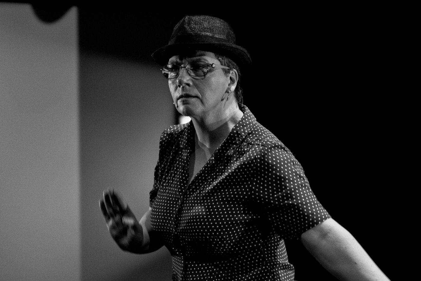 Black and white photo of Jackie dancing in costume